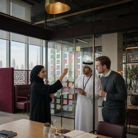 Emirati project lead placing a task card on a glass board with two colleagues