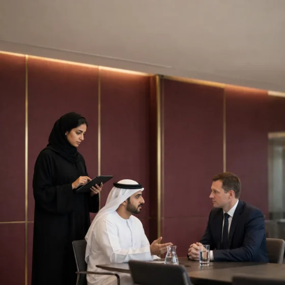 Emirati assessor observing a role-play exercise at an assessment centre in Dubai