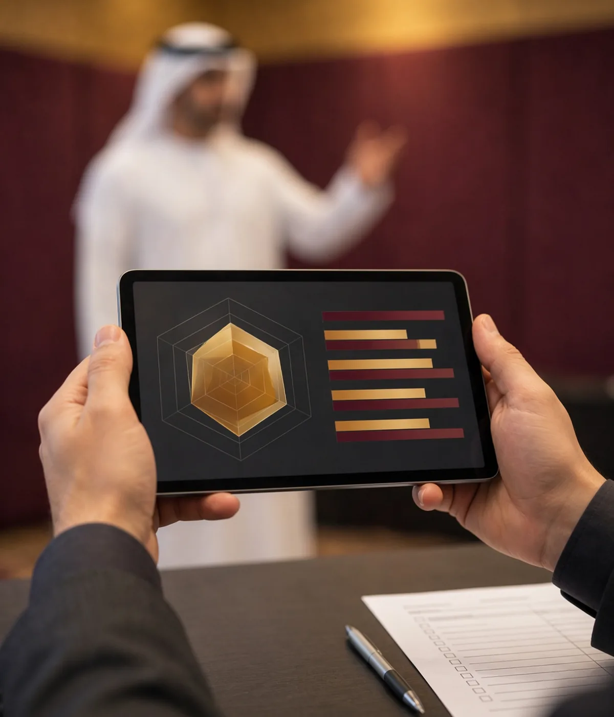 Assessment collage small Assessor reviewing a competency chart on a tablet during a candidate presentation