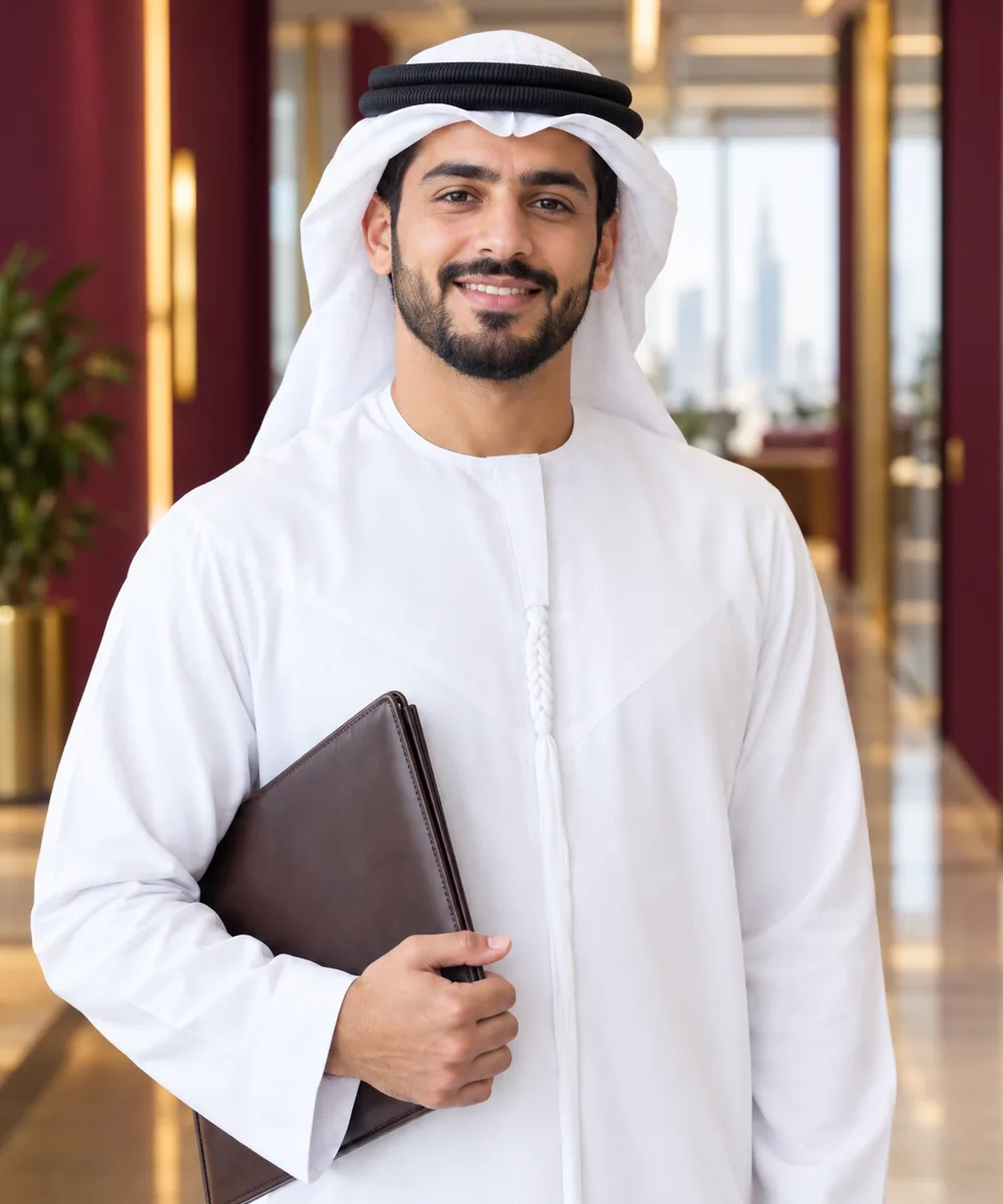 Assessment collage large Confident Emirati professional holding a leather folder after a competency interview