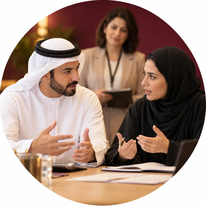Assessment and Development Centre image Emirati managers debating options in a leadership development centre exercise