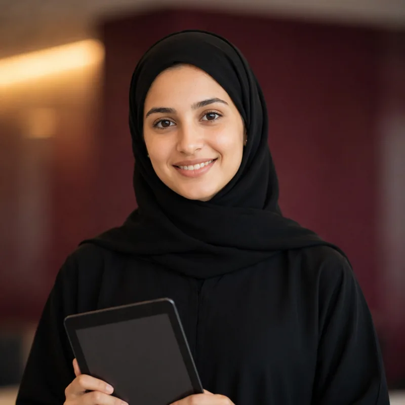 Assessment FAQ image Smiling Emirati HR assessor holding a tablet