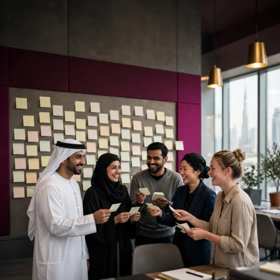 Multinational team sharing ideas at a wall of sticky notes