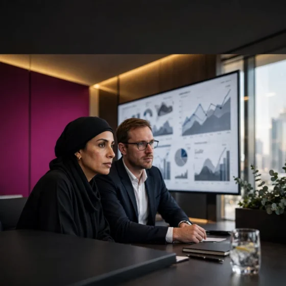 Emirati executive and colleague analysing financial dashboards on a large screen