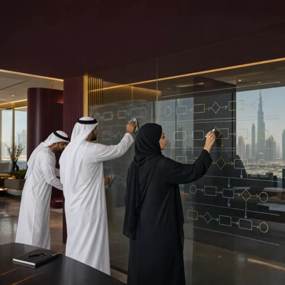 Emirati process lead redrawing a process flow on a glass wall with colleagues