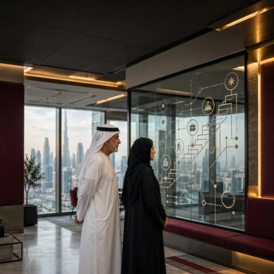 Senior Emirati mentor and young professional looking at a career path on a glass wall