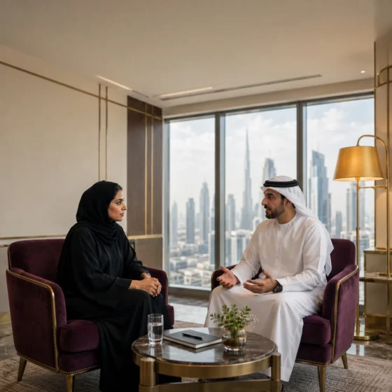 Emirati executive in a one-to-one coaching session with his coach in a Dubai office lounge