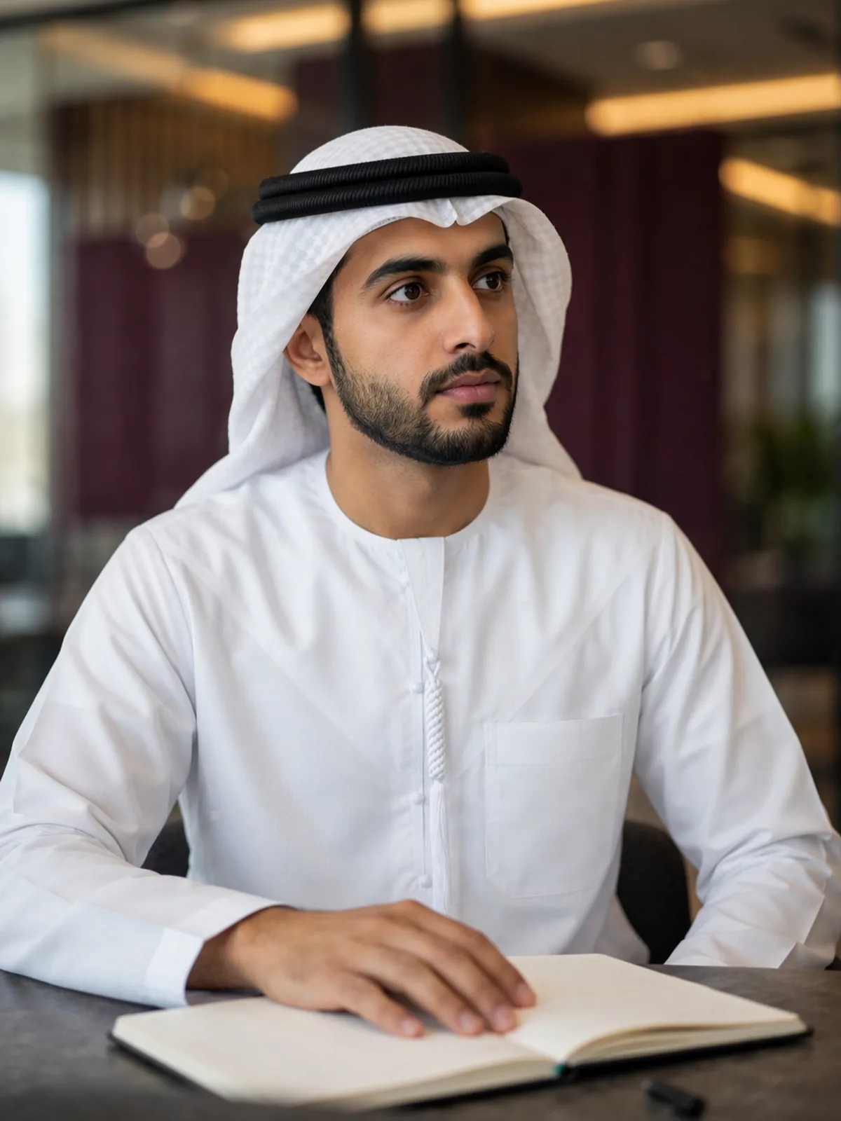 Coaching collage small Young Emirati manager listening thoughtfully during a coaching conversation