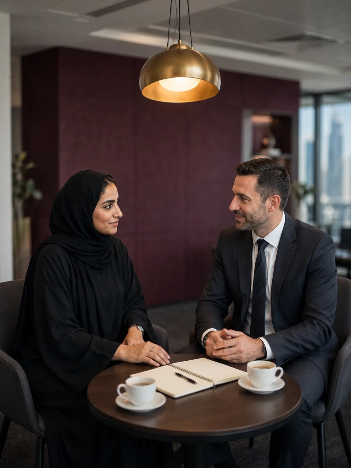 Coaching collage large Emirati woman executive in a coaching session with her coach over coffee