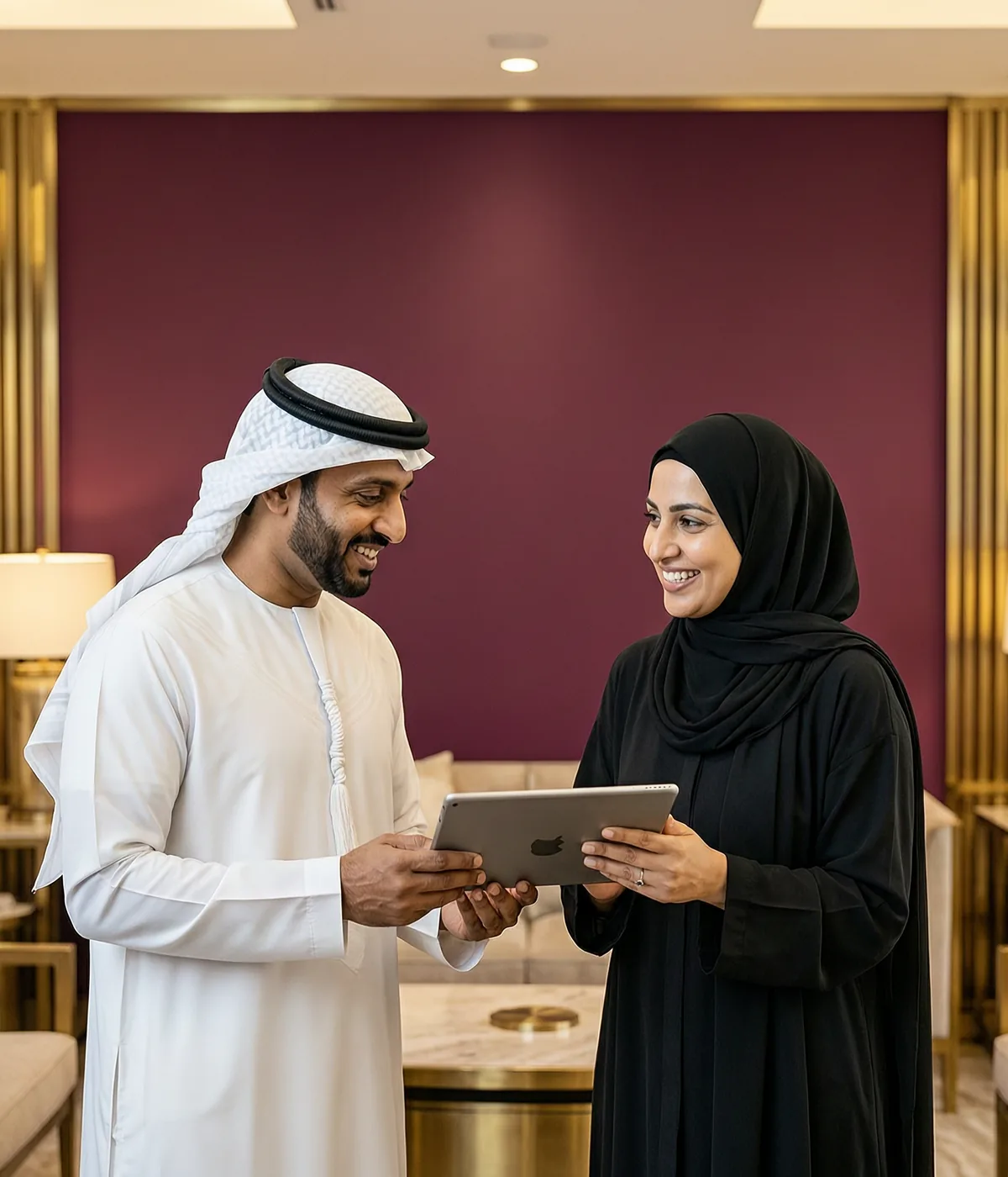 Coaching Why Choose image front Emirati coach and leader reviewing a development plan on a tablet