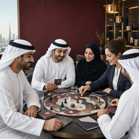 Emirati and international colleagues playing a corporate learning board game