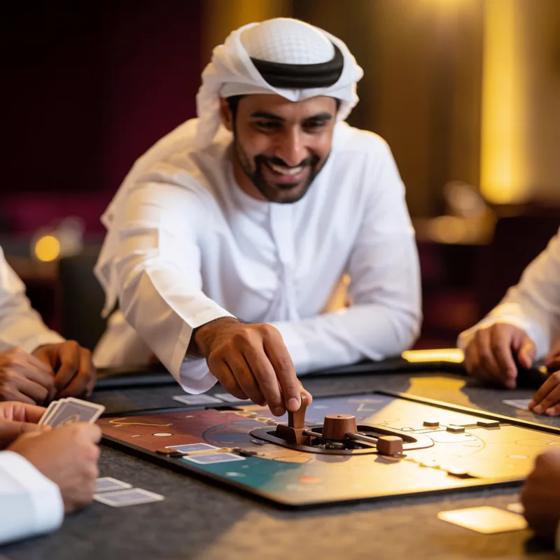 Emirati manager smiling as he makes a move in a business simulation game