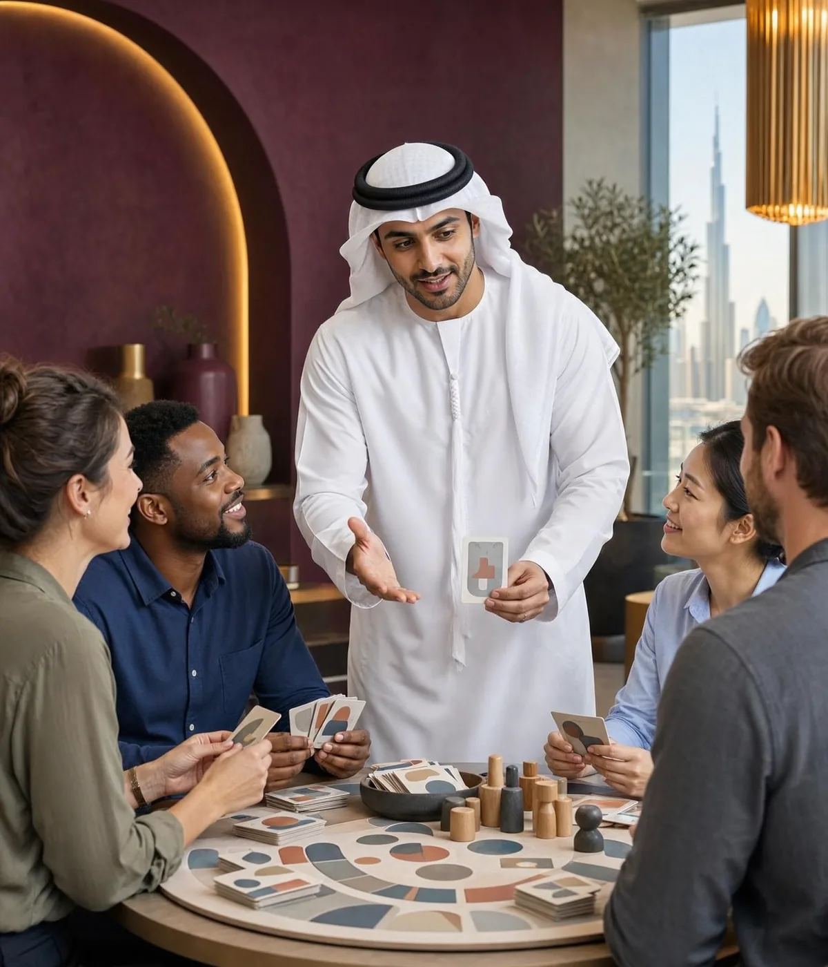 Emirati facilitator explaining a learning game to a team holding cards