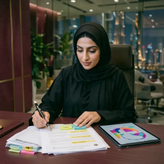 Emirati contracts manager reviewing a contract with highlighted clauses