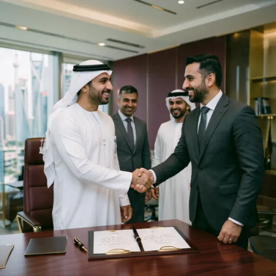 Emirati executive shaking hands with a partner over a signed agreement