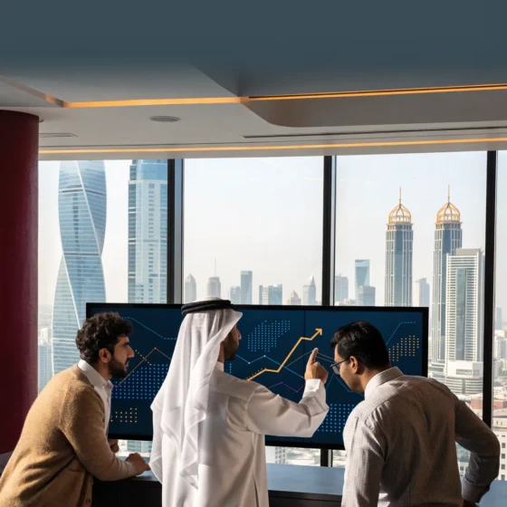 Emirati manager pointing to a rising trend on a data screen with colleagues