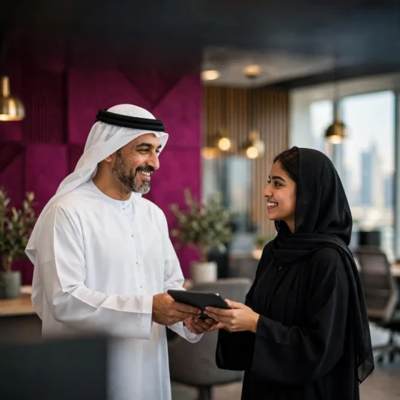 Emirati manager handing a project tablet to a young team member