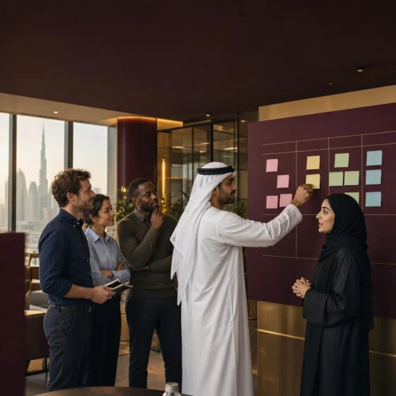 Emirati scrum lead moving a card on a kanban board during an agile stand-up
