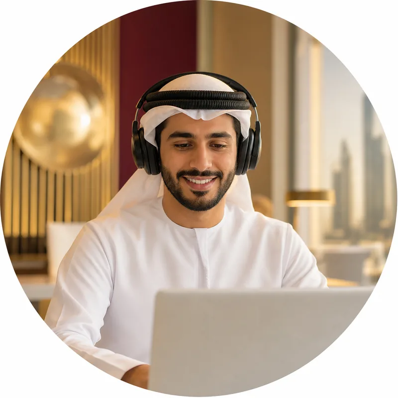 Smiling Emirati learner with headphones studying online on a laptop