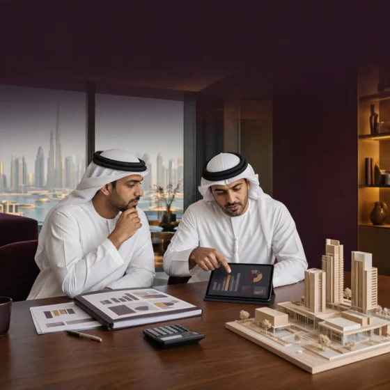 Emirati consultants reviewing a feasibility study beside an architectural model