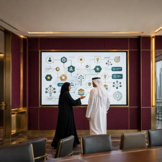 Emirati HR consultant presenting a competency framework to an HR director in a Dubai boardroom