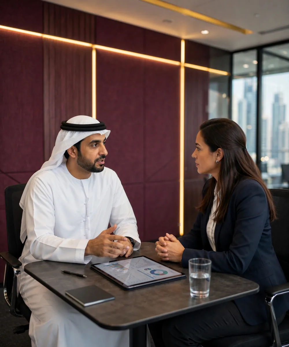 HR Consulting collage small Emirati manager in a performance review conversation with an employee
