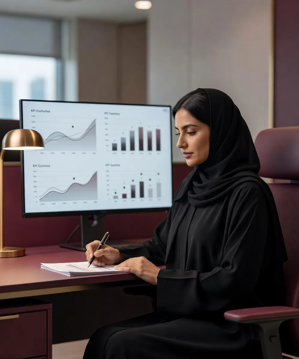 HR Consulting collage large Emirati HR business partner reviewing KPI dashboards