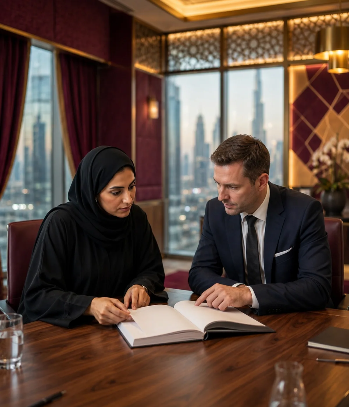 HR Policies image back Emirati HR manager reviewing an HR policy handbook with a legal advisor