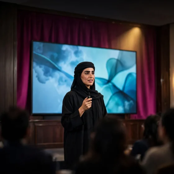 Emirati woman presenting confidently on stage in a conference room