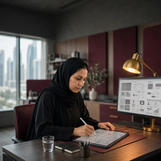 Emirati instructional designer sketching a course storyboard on a tablet