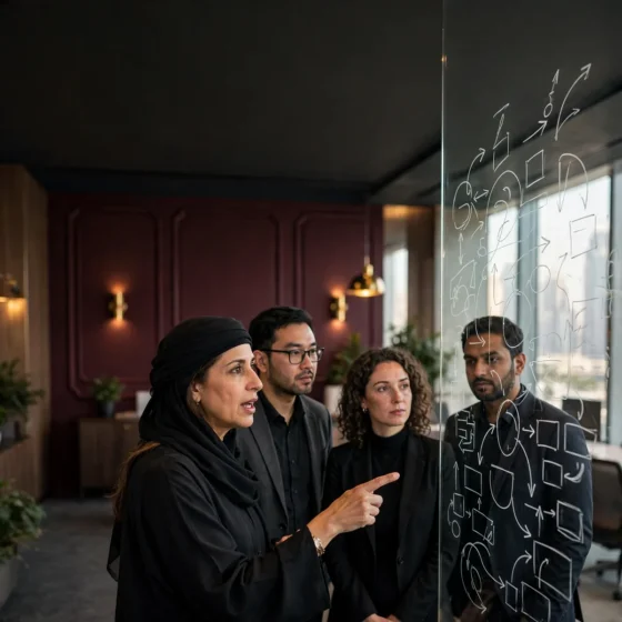 Emirati woman leader explaining a change roadmap on a glass wall to her team