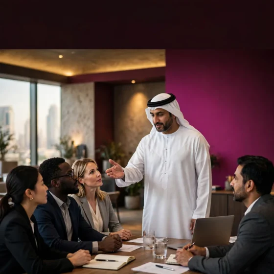 Emirati leader guiding his team at the head of a meeting table