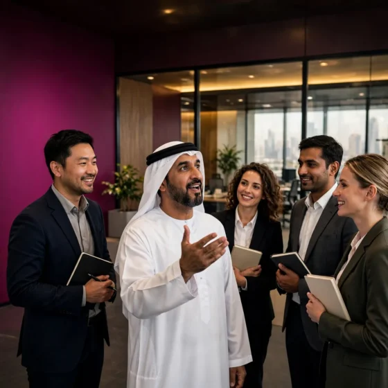 Emirati leader energising his team in a morning huddle