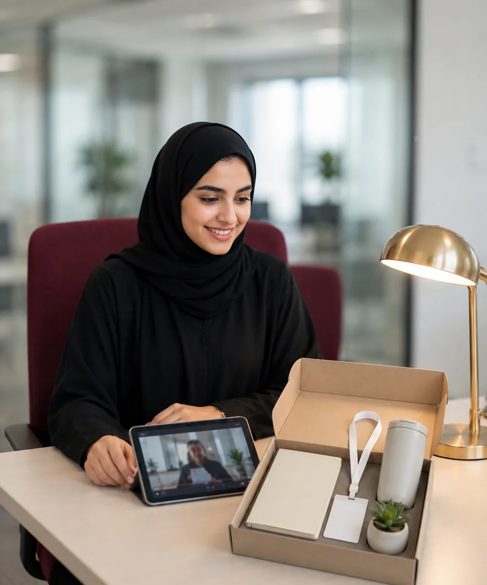 New Emirati employee opening her welcome kit at her desk