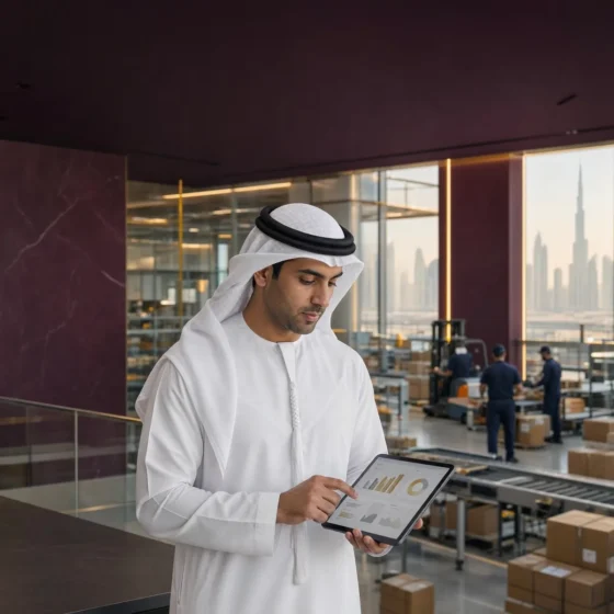 Emirati operations manager checking KPIs on a tablet in a logistics facility