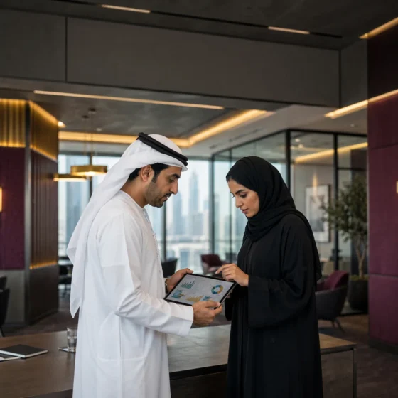 Emirati manager and employee reviewing performance goals on a tablet