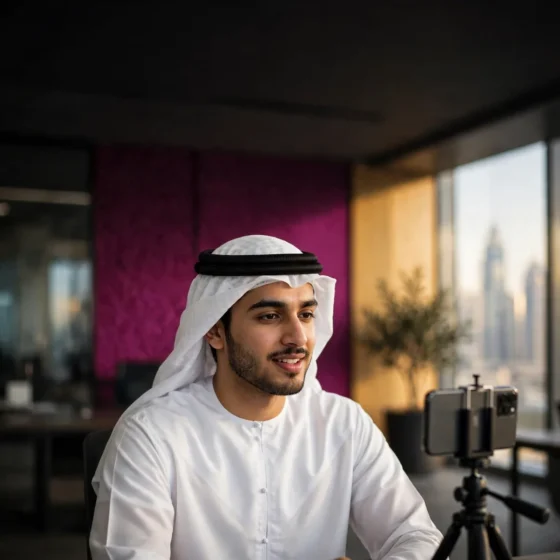 Young Emirati professional recording a video message with a smartphone on a tripod