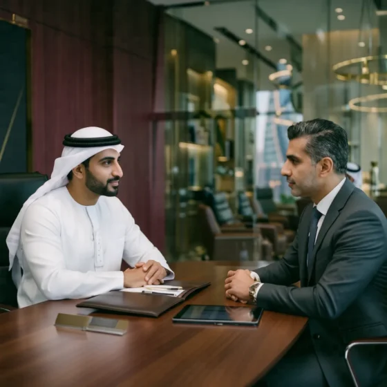 Emirati negotiator in discussion with a business counterpart across a meeting table