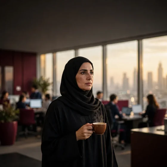 Emirati woman leader standing calmly by an office window at dawn