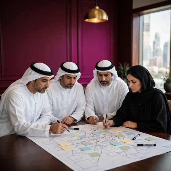 Emirati executive team planning around a strategy map on a table