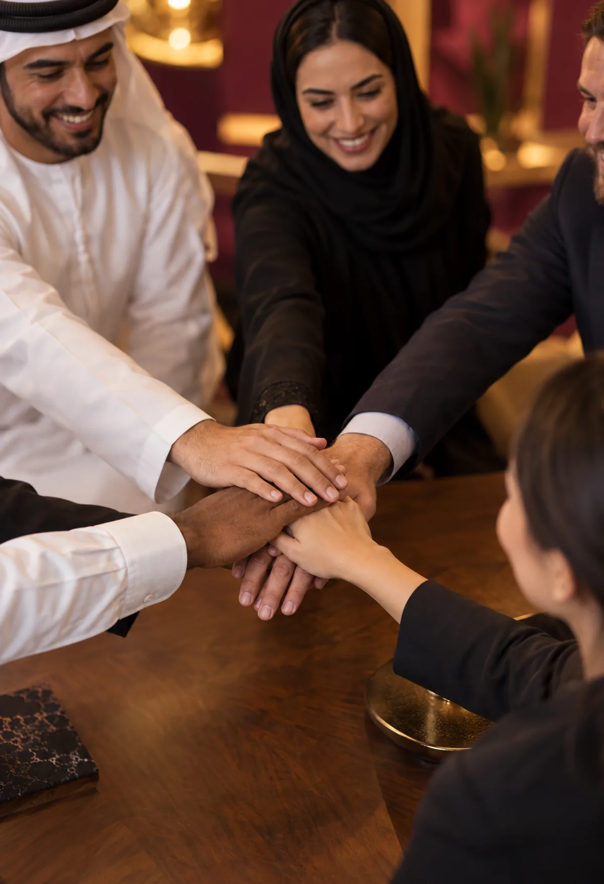 Colleagues stacking hands together in a team huddle