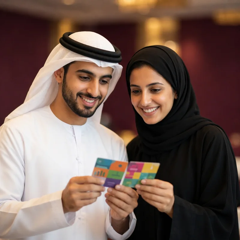 Emirati colleagues comparing personality profile cards in a workshop
