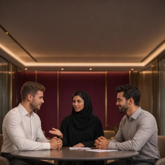 Emirati facilitator mediating between two colleagues at a round table