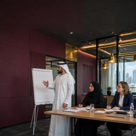 Emirati trainer delivering a practice session at a flip chart while peers give feedback