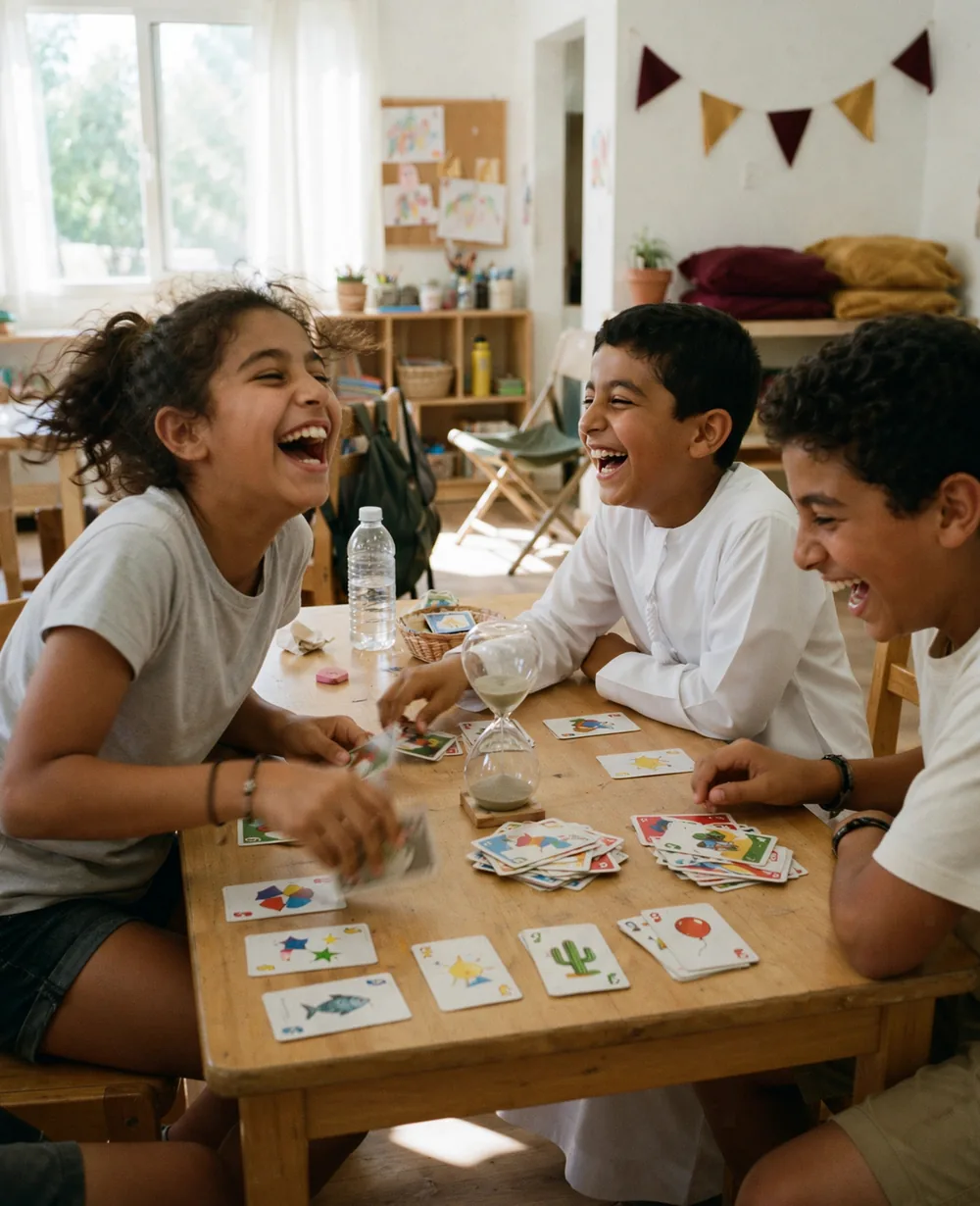Children laughing during a card game team challenge at a youth camp