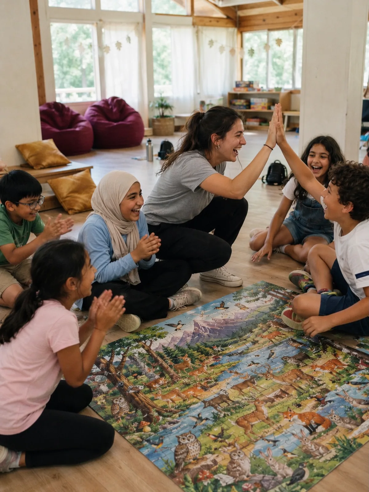 Camp facilitator high-fiving children after they finish a floor puzzle