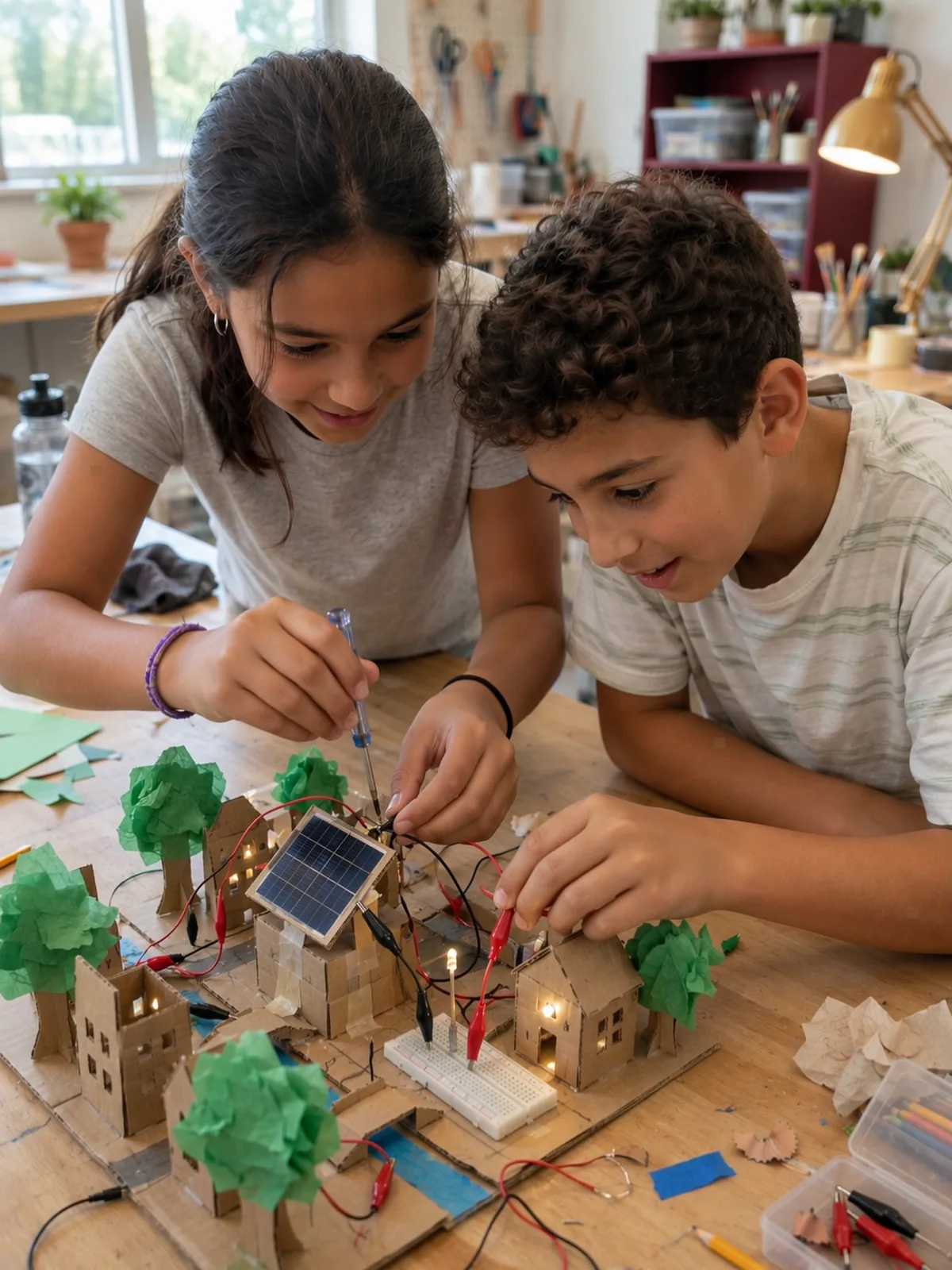 Two children wiring a solar panel and LED lights to a cardboard house model at a STEM camp