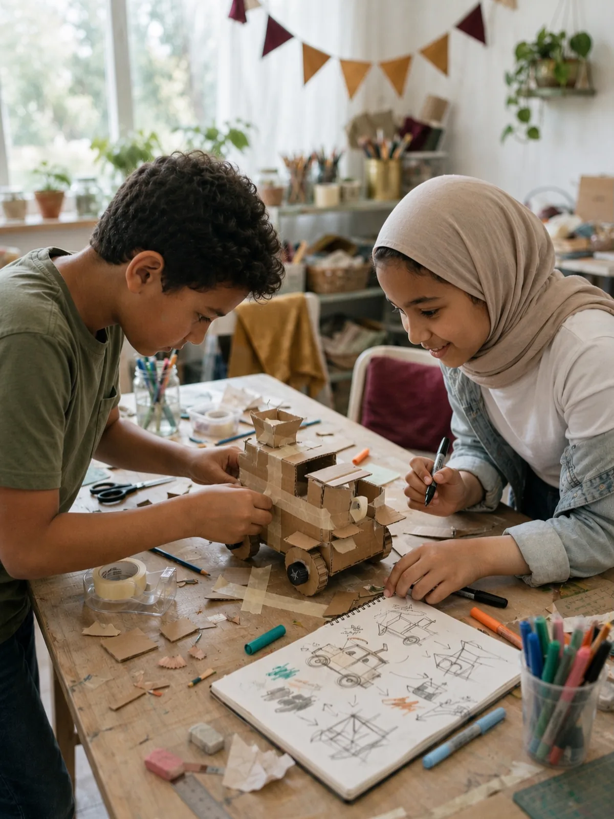 Two children sketching and building a cardboard vehicle prototype at a design camp