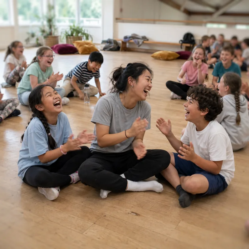Camp facilitator leading a fun energiser game with a circle of children