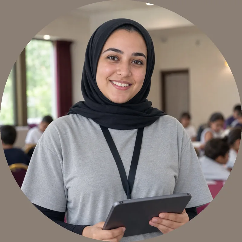Smiling camp coordinator holding a tablet at a children's camp